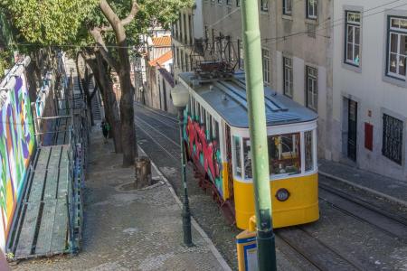 Lisbon steep stairs and Tram car