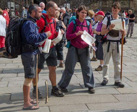 Pilgrims arriving in Santiago de Compostela