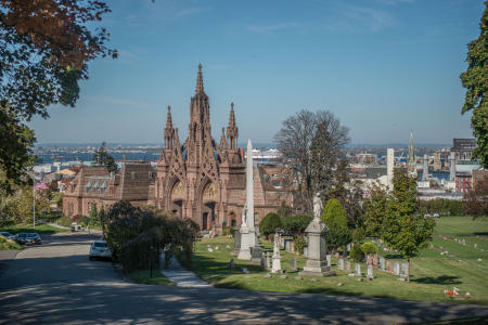 Landmarked Brownstone Cemetery gates in Gothic Revival style